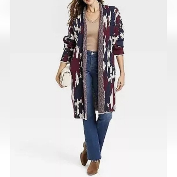 Women's Knox Rose Open Front Duster Cardigan Sweater Camo Navy & Red Size M - Picture 2 of 11